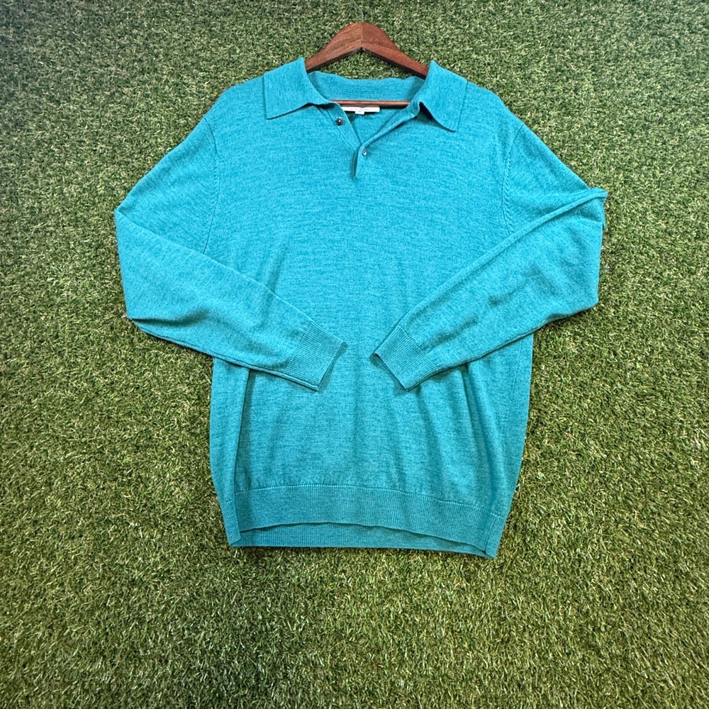 Turnbury Mens Extra Fine Merino Wool Polo Sweater Teal Blue Long Sleeve Medium